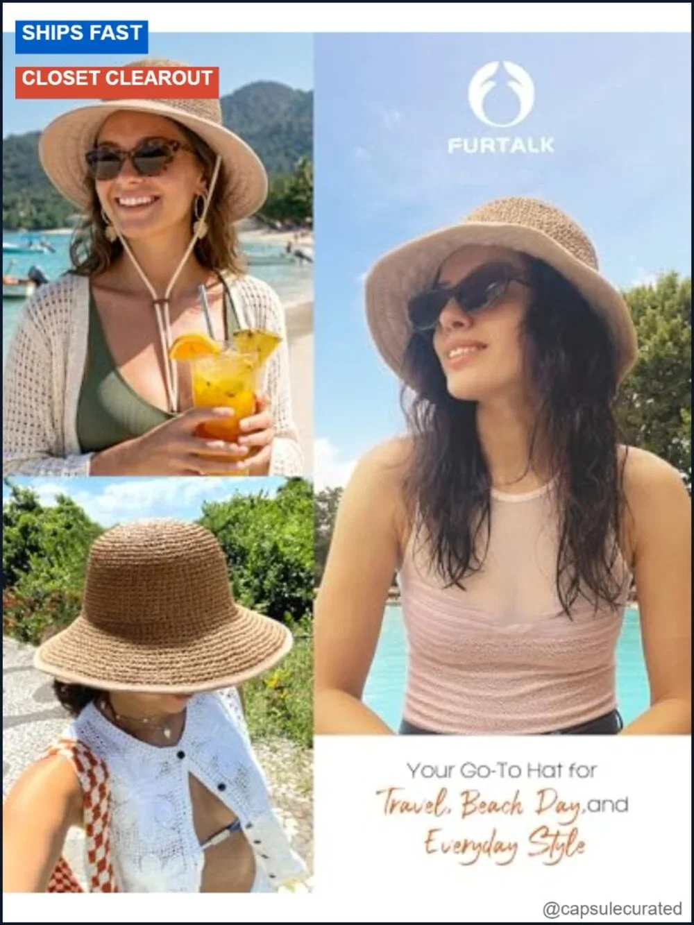 Women's Wide Brim Straw Sun Hat Packable Beach Bucket Hat UPF 50